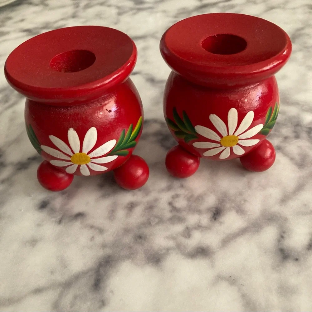 Vintage Swedish Red Floral Folk Art Candle Stick Holders Shelf Decor